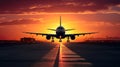 airplane landing of take of on airport runway at sunset, plane flight at orange sky background