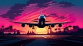 airplane landing of take of on airport runway at sunset, plane flight at orange sky background