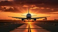 airplane landing of take of on airport runway at sunset, plane flight at orange sky background