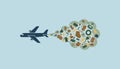 An airplane leaving a trail of smoke that morphs into a polluted cloud of various waste items representing the Royalty Free Stock Photo