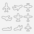 Airplane line icons. Flying and landing plane design. Vector