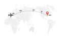 Airplane line path. Air plane flight route with start point and dash line trace. Plane icon over world map. Vector Royalty Free Stock Photo