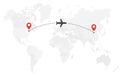 Airplane line path. Air plane flight route with start point and dash line trace. Plane icon over world map. Vector