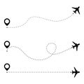 Airplane line path route. Airplane travel concept with map pins, GPS points. Aircraft route dotted lines. Aircrafts and map