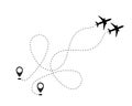 Airplane line path vector icon of air plane flight route dash line trace with start point .