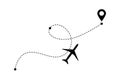 Airplane line path vector icon of air plane flight route with start point, transfer point and dash line trace.