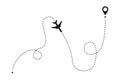 Airplane line route path. Plane track with departure arrival point, aircraft flight dash line trace. Vector illustration