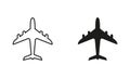 Airplane Line and Silhouette Black Icon Set. Aviation Jet, Air Plane Pictogram. Travel Tourism by Aircraft Outline and