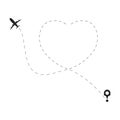 Airplane with love dotted route. Travel heart line path concept