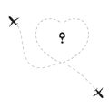 Airplane with love dotted route. Travel heart line path concept Planes traces in heart shape