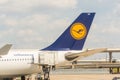 Airplane of Lufthansa at the terminal of Dallas Fort Worth International Airport DWF International Airport. The primary Royalty Free Stock Photo