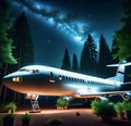 Airplane in the middle of the forest under the starry sky