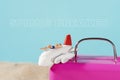 Airplane, miniature man and text spring breaker Royalty Free Stock Photo