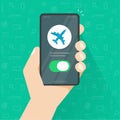 Airplane mode switched on phone and person man hand vector, air plane cellphone smartphone notice, cellular telephone flight info Royalty Free Stock Photo