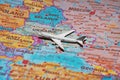 Airplane model over the map of Ukraine Royalty Free Stock Photo