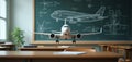 Airplane model sits on classroom desk. Blueprint of aircraft displayed on blackboard. Study aviation engineering, pilot training, Royalty Free Stock Photo