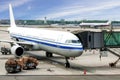 Airplane near the terminal in an airport under the blue sky