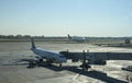 Airplane near the terminal loading the luggage in the plane at Boryspil International Airport Royalty Free Stock Photo