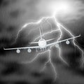 Airplane night storm realistic composition with image of passenger jet in thunderstorm clouds with thunderbolt image Royalty Free Stock Photo