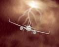 Airplane night storm realistic composition with image of passenger jet in thunderstorm clouds with thunderbolt image Royalty Free Stock Photo