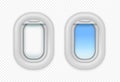 Airplane open windows. Realistic aircraft porthole. Vector isolated realistic aircraft illuminator