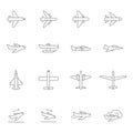 Airplane outline icons. Airline passenger aircraft symbols travelling vector monoline pictures isolated Royalty Free Stock Photo