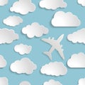 Airplane with paper clouds on a blue air Seamless pattern