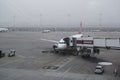 Airplane and airplane passenger boarding ramp in Izmir Adnan Menderes Airport. Editorial shot in Izmir Turkey