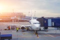 Airplane passenger gangway of the terminal building at the airport, aircraft flight maintenance Royalty Free Stock Photo