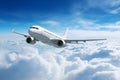 Airplane passenger transport flying in clear sky with clouds. Generative AI Royalty Free Stock Photo