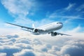 Airplane passenger transport flying in clear sky with clouds. Generative AI Royalty Free Stock Photo