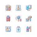 Airplane passenger travelling things RGB color icons set Royalty Free Stock Photo