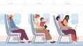 Airplane passengers sitting on chairs in plane cabin during air flight. Side view of people on seats traveling by Royalty Free Stock Photo