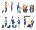 Airplane passengers. Stewardess in uniform boarding airplane safety vector cartoon characters