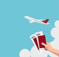 Airplane, passport, flight tickets in hand, travel, fly. Vector illustration, copy space