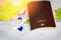 Airplane and passport in map flight travel traveller fly travelling citizenship air boarding pass travel business trip with Royalty Free Stock Photo