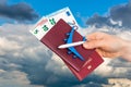 Airplane, passport and money in female hand - travelling concept Royalty Free Stock Photo