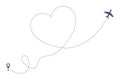 Love airplane dotted line path. Air plane route in heart form, hearted aircraft way. Vector