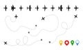 Airplane path. Plane silhouettes with route. Aircraft tracking. Outlines of civil and military aircraft. Modern and