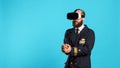 Airplane pilot using vr headset with interactive vision Royalty Free Stock Photo