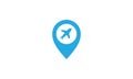 Airplane with pin maps location blue logo vector icon design