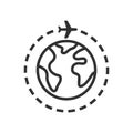 Airplane with planet or globe black vector icon. Around the world trip. Royalty Free Stock Photo