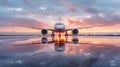 Airplane positioned on a runway during a colorful sunrise with reflections on the wet surface Royalty Free Stock Photo