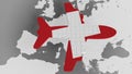 Airplane puzzle featuring flag of Switzerland against the world map. Swiss tourism conceptual 3D rendering