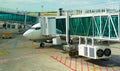 Airplane at the retractable gangway at the airport Royalty Free Stock Photo