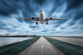 Airplane and road with motion blur effect in overcast Royalty Free Stock Photo