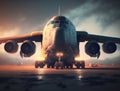 Airplane and road with motion blur effect at sunset. Landscape with passenger airplane is flying over the asphalt road Royalty Free Stock Photo