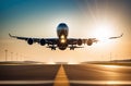 Airplane and road with motion blur effect at sunset. Landscape with passenger airplane is flying over the asphalt road Royalty Free Stock Photo