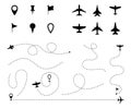 Airplane route set, dashed line trace and plane routes isolated on white. Plane line path, Aircrafts and pins symbols
