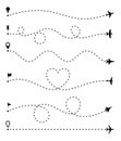 Airplane route set, dashed line trace and plane routes isolated on white. Plane line path, Aircrafts and pins symbols
